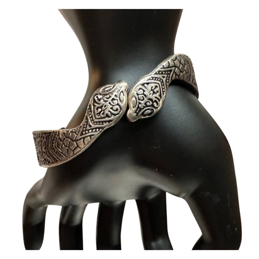 2 Snake Serpent Head Interlocking Hinged Clamper Bracelet Silver Tone Bohemian